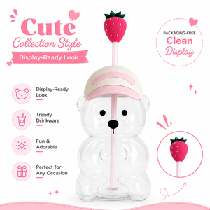 Copo de suco personalizado com logotipo, desenho animado fofo, garrafa de água com tampa rosa, portátil, reutilizável, com canudo de morango. - Product Image 6