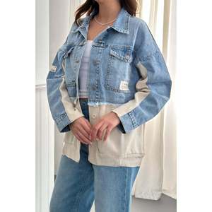 Veste en jean bleue avec bordure en tricot - Bleu - Product Image 5
