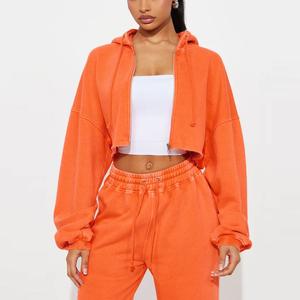 2026 Distressed Zip Hoodie Custom Logo Women's Winter Two-Piece <b>Sweatpants</b> Set 100% Cotton Eco-Friendly Joggers - Product Image 2