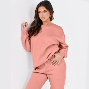 Custom Women's Two Piece Breathable 100% Cotton Fleece Crewneck Sweatsuit Jogger Lounge Sets Hooded Front Logo Solid Winter - Product Image 1