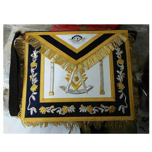 MasonicHub Past Master Delantal Mano Lingote Bordado Pilares Freemasons Gold Fringe 100% Piel de cordero Delantal masónico Bordado a mano - Product Image 1