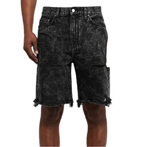Shorts en jean décontractés pour hommes, taille haute, respirants, en mélange de coton, coupe slim, lavables, coupe droite, effet usé - Product Image 1