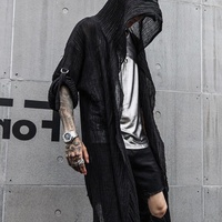 Cardigan long à capuche pour homme, style streetwear, couleur unie, respirant, demi-manches, en polyester tissé