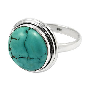 Bague en pierre ronde Turquoise naturelle Pierre précieuse en argent sterling 925 Bijoux en pierre de naissance faits à la main Fournisseurs de prix d'usine en gros - Product Image 1