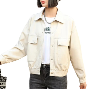 Chaqueta de cuero de piel de vaca sintética con estilo para mujer, chaqueta de solapa unida con bolsillos en el pecho, diseño de PU - Product Image 3