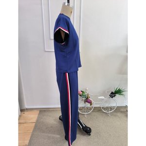 Ensemble deux pièces pour femme, chemisier à manches courtes et col rond en viscose côtelée à deux fils et pantalon, 36544 - Bleu marine - Product Image 5