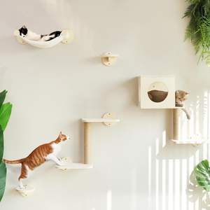 <b>Cat</b> Wall <b>Shelves</b> 5-Piece Stable Wooden Wall-Mounted Furniture Set Sisal Plastic Large Kitty Climber Hammock Steps Scratching - Product Image 2
