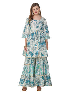 Ensemble costume Sharara turquoise et blanc à imprimé floral pour femme avec Dupatta et manches 3/4 Kurta pour les fêtes - Product Image 5