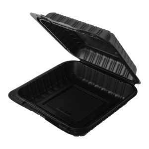 ProTakeOut [9x9 3-in] Lot de 150 Contenants à Emporter Noirs à Fermeture Frontale 4 Ouvertures à Charnière Durables Écologiques en MFPP - Product Image 1