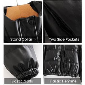 <b>Womens</b> <b>Leather</b> Puffer <b>Jacket</b> Winter <b>Long</b> Sleeve Black Short Bubble Coat Quilted Warm Outerwear Stylish Casual Coat - Product Image 3