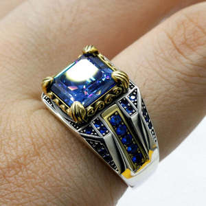 Hallmarked Vintage <b>Silver</b> Asscher Cut Sapphire Statement <b>Ring</b> for <b>Men</b> - Product Image 3