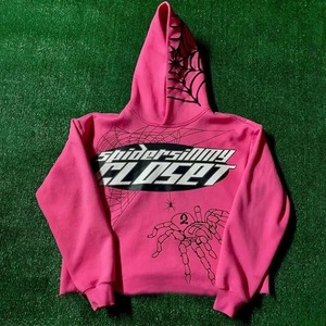 Pembe Hoodie örümcek Web baskılı ekstra büyük uzun kollu adam Hoodi Harajuku Hip Hop moda kazak kazak Y2k giyim