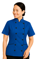 Veste de chef à manches courtes pour femme, coupe ajustée, uniforme culinaire professionnel, poly coton, couleurs personnalisées OEM, sur mesure pour restaurant et bar