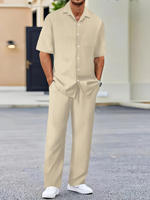 Conjunto de salón informal para hombre, camisa Henley cómoda de franela de manga larga, pantalones transpirables, frente sólido, traje de playa para vacaciones, primavera 100%