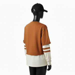 Chemise double couche pour femmes en coton et polyester de qualité supérieure, tissu marron crème, panneau de manche contrasté, chemises double couche en coton personnalisées - Product Image 5