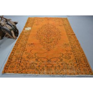 Vintage Turkish Rug Classic Orange Patchwork Design 5.8 X 8.9ft Large Area Wool Flat Weave for Living Room Latex Backed - Product Image 1