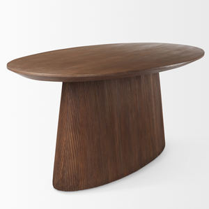 Nouvelle tendance, table de salle à manger nordique en bois de manguier massif, design cannelé ondulé, base en bois, forme ovale, plateau en manguier, finition brun riche - Product Image 4