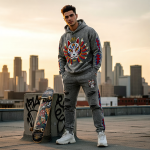 Chándal con capucha de algodón grueso y felpa, con lavado ácido, bordado 3D personalizado, con cuentas, efecto desgastado y estilo vintage, en tendencia - Product Image 3