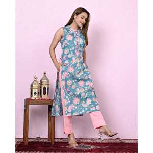 Kurta Recta de Algodón con Estampado Floral Azul para Mujer, Cuello Mandarín, Transpirable, con Aberturas, Talla XS/Talla Única para el Día - Product Image 5