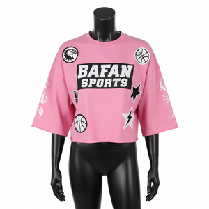 Camiseta corta de algodón para mujer, estilo urbano, color rosa, con parche de chenilla bordado, ropa personalizada, camiseta corta de algodón para mujer - Product Image 1