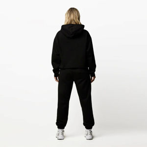 Sudadera con capucha de dos piezas para mujer con hombros caídos de algodón 100%, chándal negro establecido, estilo ligero - Product Image 5
