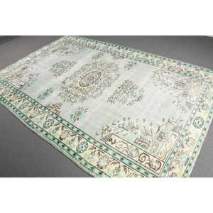 พรมวินเทจขนาด 6.1x9.4 ฟุต พรมตุรกีขนาดใหญ่ พรมขนสัตว์สีเขียวขาวลายนามธรรม - Product Image 1