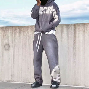 ชุดวอร์มผ้าปะติดกางเกงมีฮู้ดสำหรับชายเสื้อแบบดิบขอบตัดเย็บสไตล์วินเทจ - Product Image 4