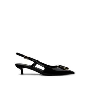 Escarpins slingback en cuir verni à talon chaton V-Logo avec bout pointu, noirs - Product Image 1