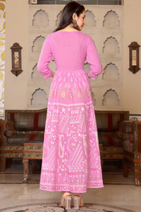 Ensemble pantalon et kurta indien ethnique pour femme, en coton rose, col en V, manches longues, silhouette évasée, lavable en machine - Product Image 5