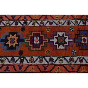 2.6x11.7 ft Turkish Herki Rug, <b>Red</b> Abstract Vintage <b>Wool</b> Rug - Product Image 5