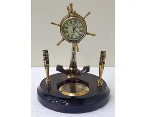 Морской Латунь телеграф столешница часы с держателем ручки компас на деревянной основе дома/офиса Декор