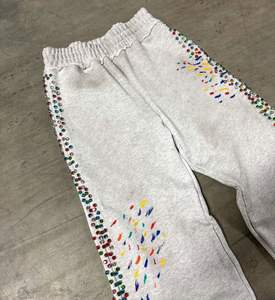 Custom Cotton <b>Paint</b> Acid Wash Sweat Pants Baggy Straight Wide Leg Rhinestone Men Sweatpants - Product Image 3