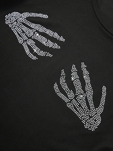 เสื้อยืดครอปสไตล์ผสมของผู้หญิงเสื้อยืดลายโครงกระดูกประดับพลอยเทียมสำหรับผู้หญิง - Product Image 5