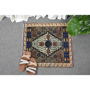 Tapis vintage, petit tapis turc 1,8x1,9 pieds, tapis persan en laine bleu brun - Product Image 4