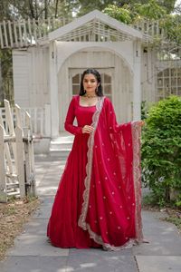 Red Fancy Designer Salwar Kameez Dupatta Indian Women's Party Wear Floor-Length Quick Dry Faux Georgette Regular Fit All Seasons - Product Image 4