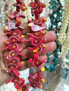 Wooden in <b>Red</b> Colour Handmade Hand Painted <b>Beads</b> with Birds and Animal Theme Patterns of Elephant and Parrots for Resale - Product Image 3
