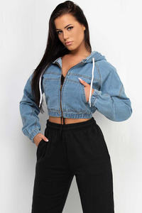 Best Selling Premium Custom Logo Blue Cropped Denim Jacket With Hood & Zip Fastening Designed For Women For All Seasons Comfort - Product Image 5