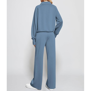 Conjunto de salón de 2 piezas de algodón para mujer, sudadera de media cremallera de gran tamaño 2025, conjunto de pantalón de chándal de pierna ancha, chándal - Product Image 5