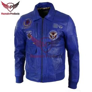 Chaqueta Bomber de Cuero Azul Auténtico para Hombre, con Parches de la Fuerza Aérea, Cuello Camisero, Bolsillos Cargo, Diseño Clásico Personalizado, Abrigo Cálido - Product Image 4