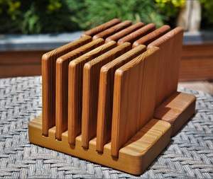 ABOUT STURDY MORDEN MULTI WOODEN COASTERS Functional Handmade Craft Drink <b>Bamboo</b> Coasters 6-Pack Set with Holder - Product Image 2