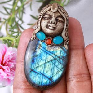 Collar de arcilla polimérica de labradorita, colgantes, cuentas chapadas en oro, fabricación de joyas, abalorios de patrón numérico con perlas, piedra principal - Product Image 1