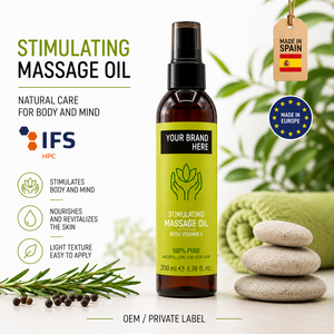 Huile de massage stimulante en marque privée 200ml OEM |   Huile corporelle à la menthe, au romarin et à la marjolaine |   Végétalien Naturel |   Fabriqué en Espagne UE - Product Image 1