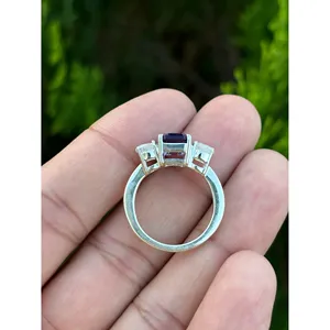 Vintage 925 <b>Silver</b> <b>Ring</b> with <b>Emerald</b> Cut Diamond Oval Cut Natural Amethyst Moonstone Rhodium Plated Car Pattern Engagement Style - Product Image 4