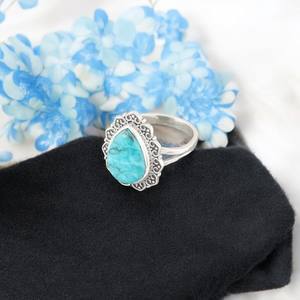 Bague de créateur en turquoise tibétaine Déclaration Bague en argent sterling 925 Bijoux en pierres précieuses naturelles faits à la main pour elle - Product Image 3