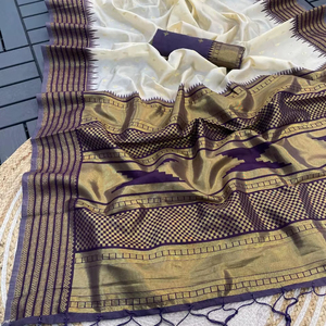 Sari de Seda Suave Kanjvram con Zari de Oro Puro, Diseño Indio Tradicional Étnico para Bodas, Fiestas Clásicas, Ropa de Novia para Mujer - Product Image 1