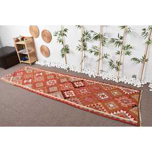 Vintage Rug, 3x10.1 ft <b>Runner</b> Turkish Rug, Herki <b>Red</b> Brown Oriental Rug - Product Image 2