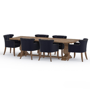 ชุดโต๊ะอาหารไม้สักแท้พับได้สไตล์ร่วมสมัยแบบฟาร์มเฮาส์ ลายเชฟรอน ฐานขาตั้งแบบ Trestle พร้อมเก้าอี้บุผ้ากำมะหยี่แบบควิลท์ 6 ตัว สำหรับโรงแรม - Product Image 4