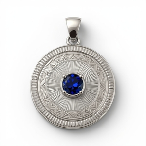Pendentif médaillon géométrique en or blanc 14K avec saphir bleu Collier personnalisé OEM par le fabricant de bijoux de Thaïlande - Product Image 1