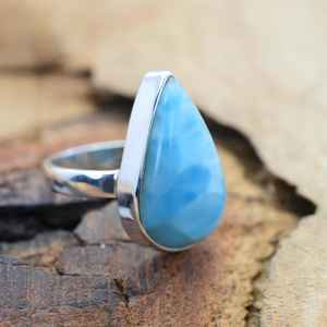 Caribbean Larimar Ring Pear Shape Sterling Silver Gemstone US Size 7 Handmade Jewelry Gift For Women - Product Image 5