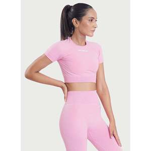 M Fitness Pink Crew Neck Tank <b>Top</b> Girls Nine Quarter Sleeve Solid Color Yoga <b>Top</b> Eco-Friendly Breathable Spandex Polyester - Product Image 1